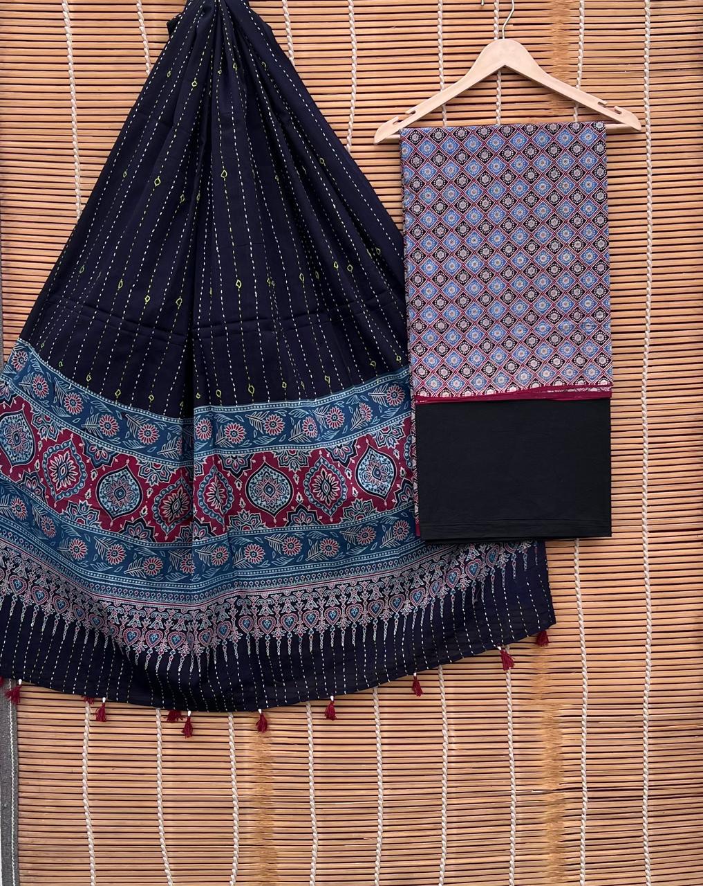 Pure Cotton Azrakh Print Unstitched suit Whit Kantha Work Dupatta.