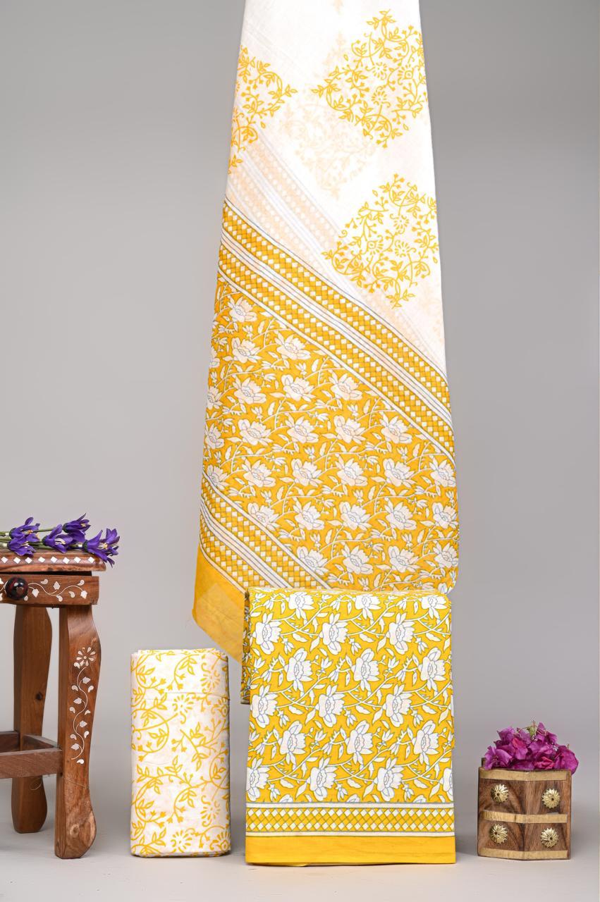 Pure Cotton Hand Block Printed Unstitched Suit Set With Cotton dupatta