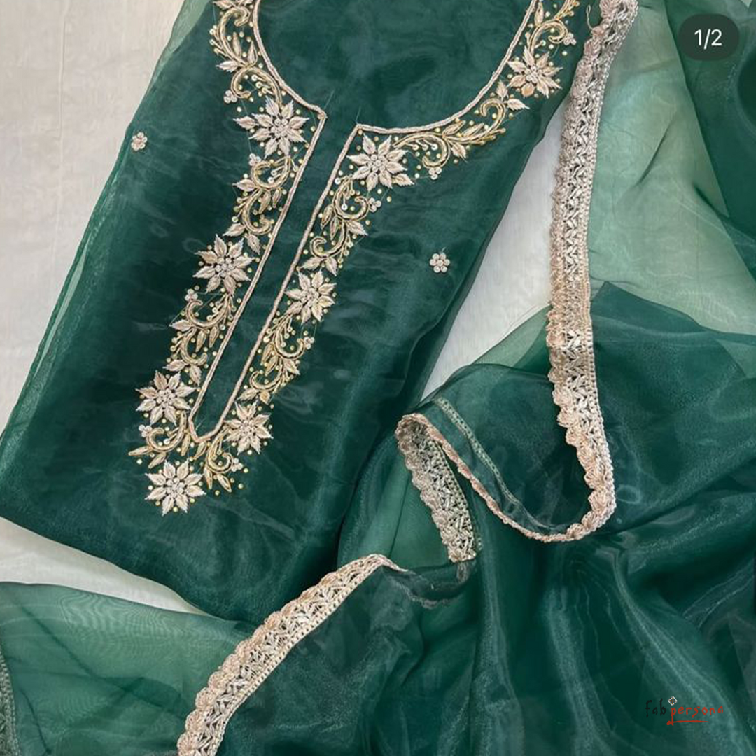 Organza Hand Work Unstitched Suit with Shantoon Bottom
