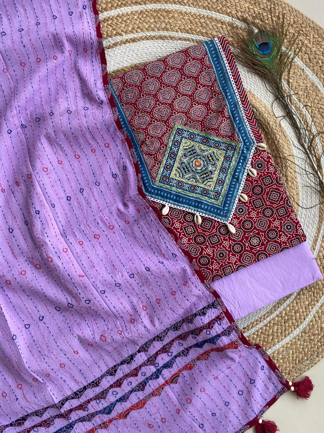 Pure Cotton Azrakh Print Unstitched suit With Patch Work Dupatta