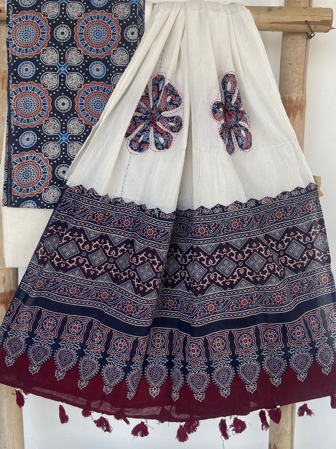 Pure Cotton Azrakh Print Unstitched suit with Patch Work Dupatta