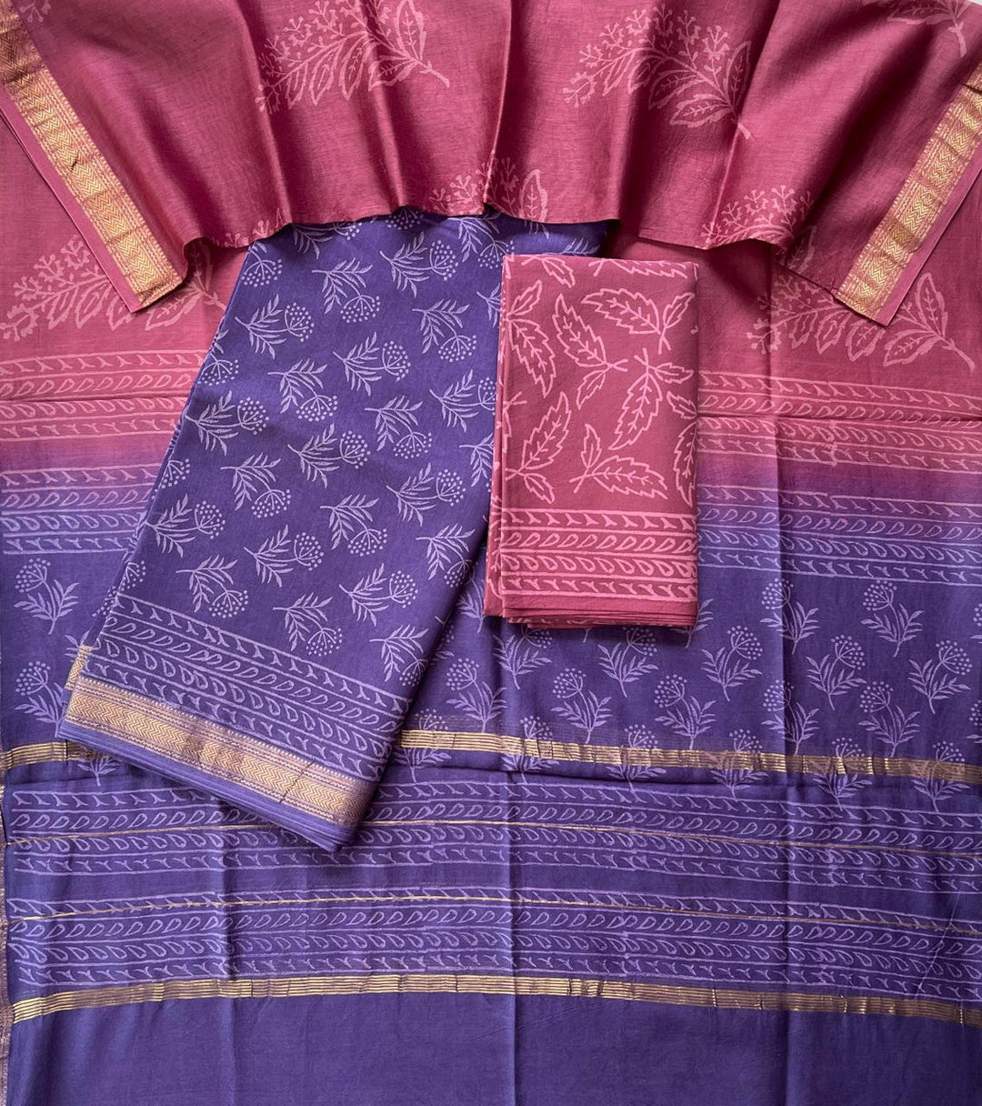 Pure Maheshwari Silk Hand block print Unstitched Suit.