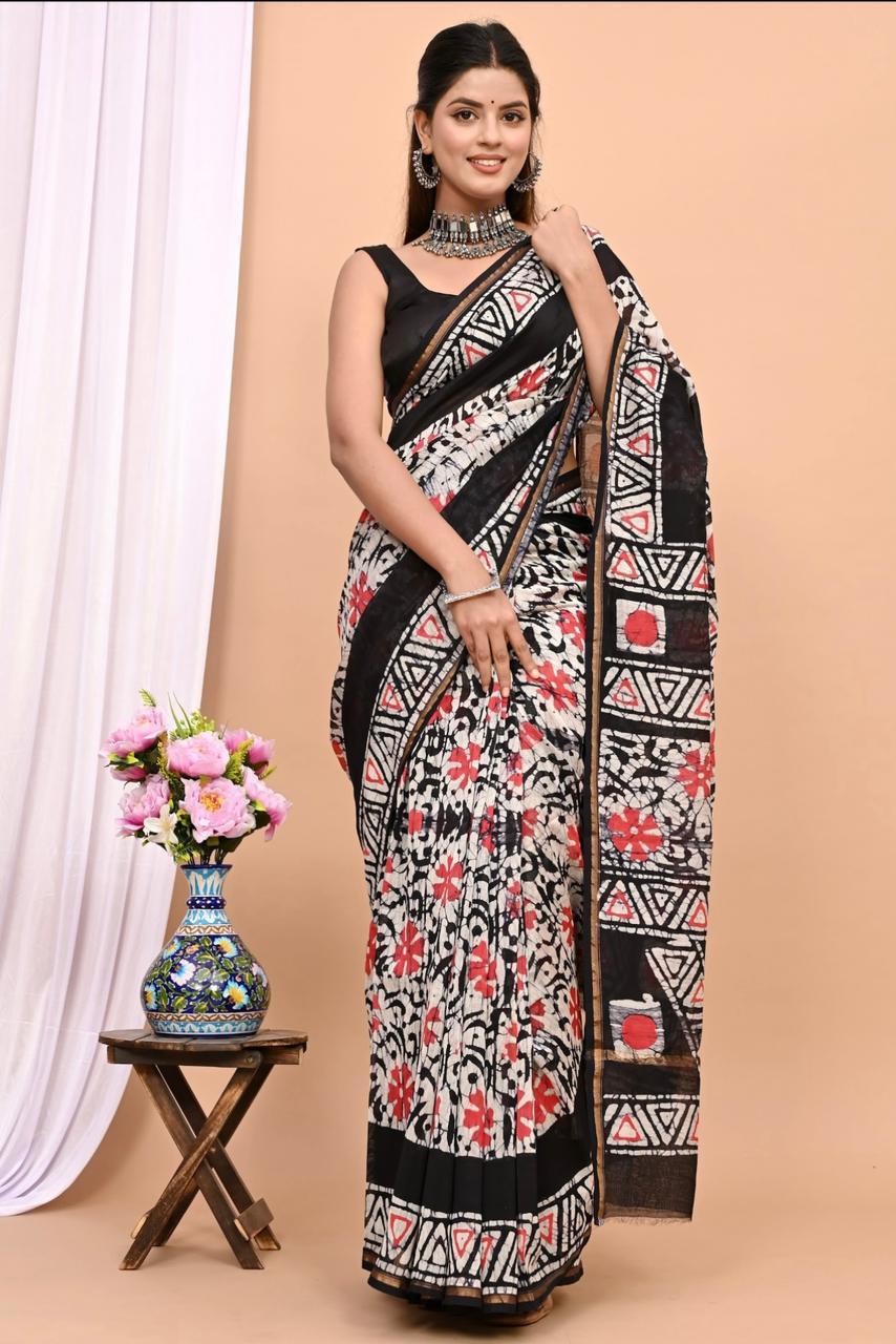 Hand Block Prninted Chanderi Saree .