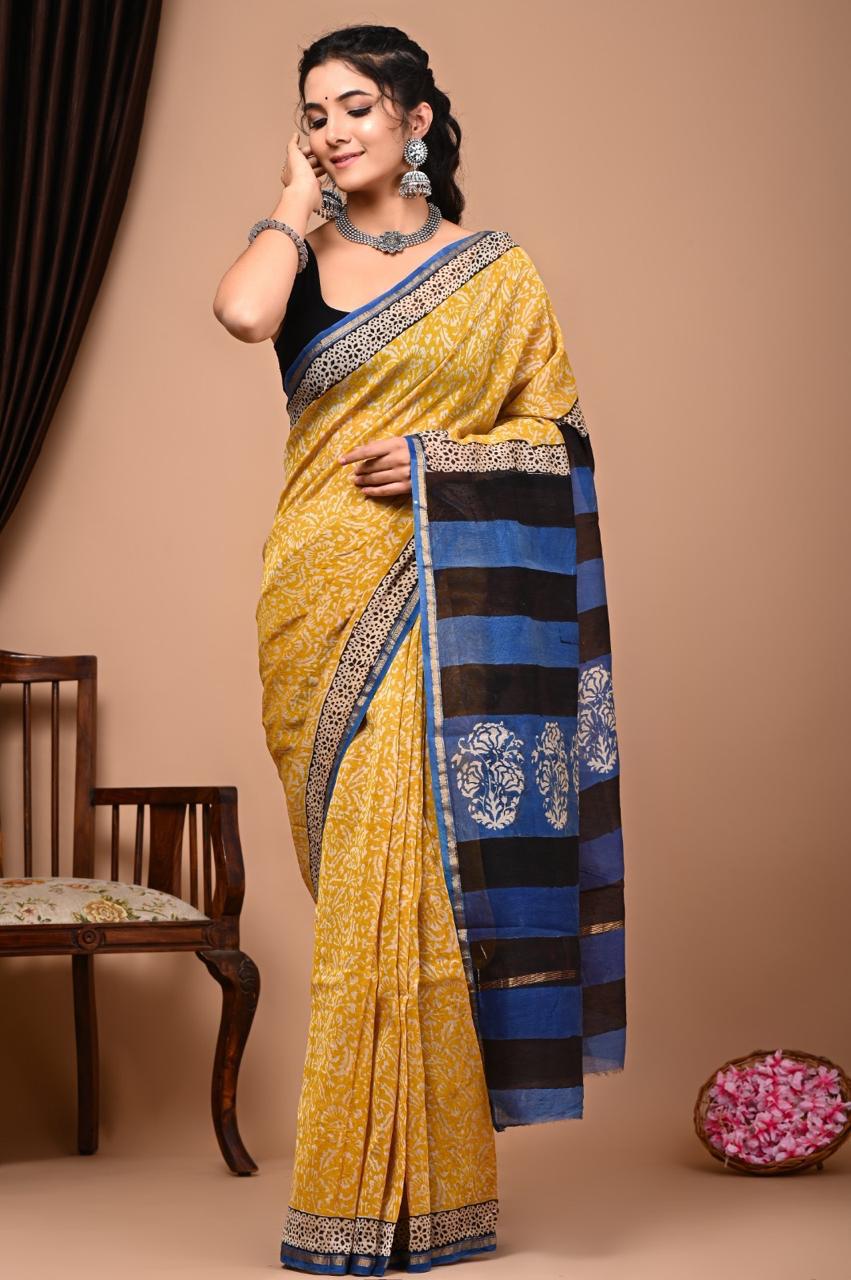 Hand Block Prninted Chanderi Saree .