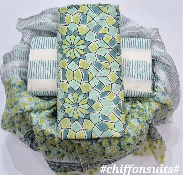 Pure Cotton Hand Block Print Unstitched Suit with chiffon dupatta .
