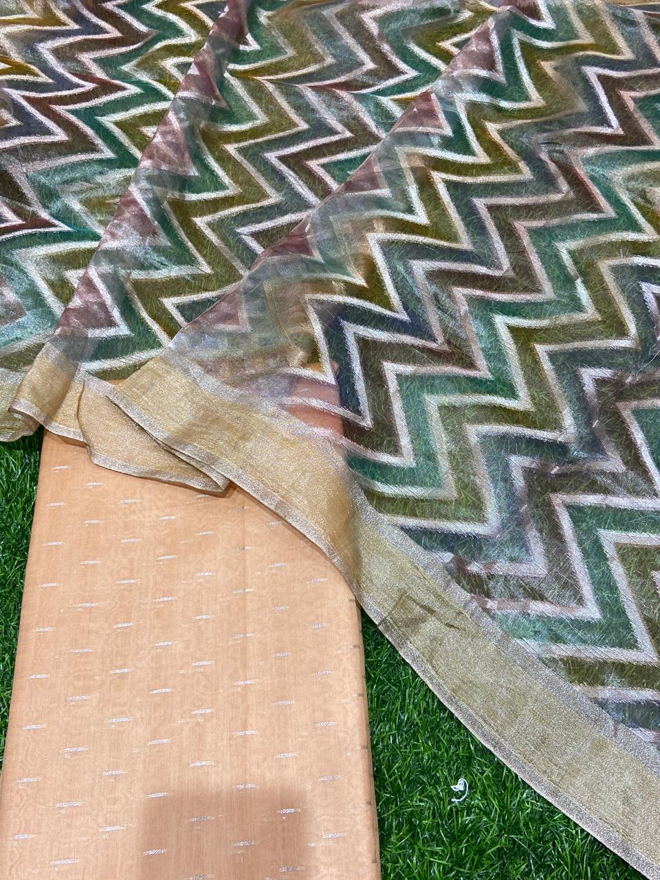 Pure Banarasi Resham Chanderi Silk Zari Unstitched Suit With Tisshu Rang Kart Dupatta.