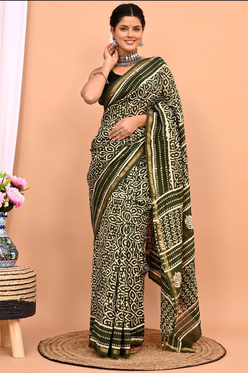 Hand Block Prninted Chanderi Saree .