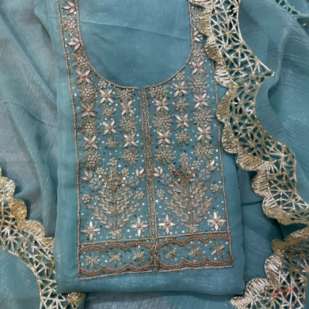 Organza Hand Work Unstitched Suit with Shantoon Bottom