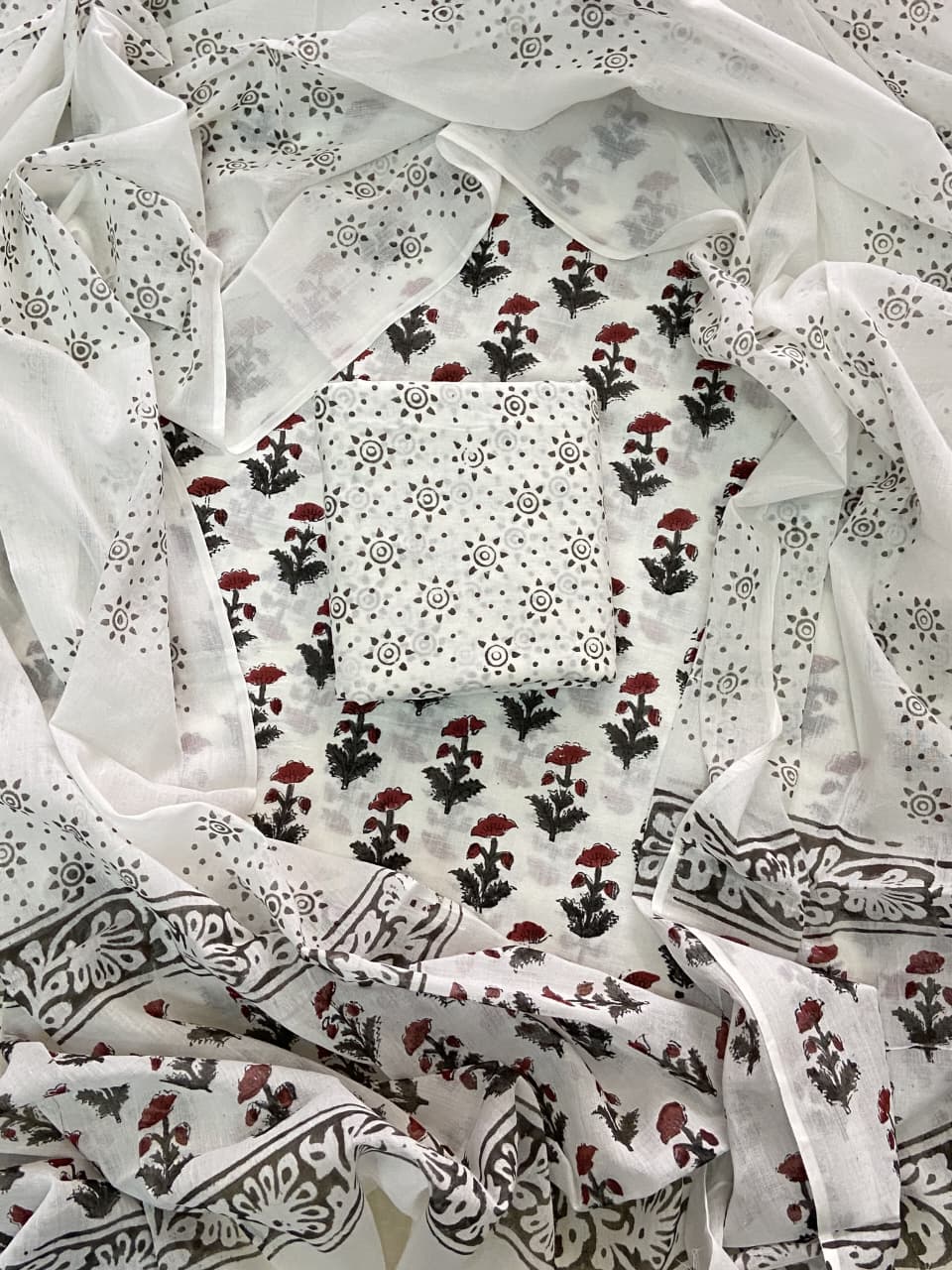 Pure Cotton Hand Block Print Unstitched Suit with Cotton Dupatta.