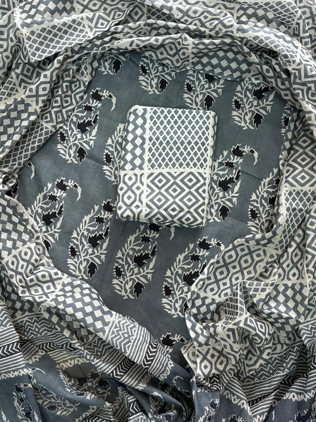 Pure Cotton Hand Block Print Unstitched Suit with Cotton Dupatta.