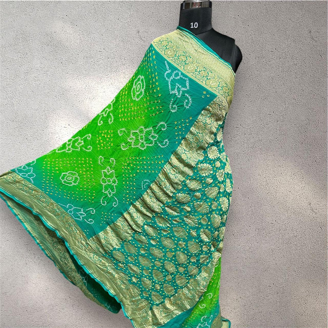 Pure Khaddi Georgette Handloom Neem Zari Work saree With Raiy Bandhej .