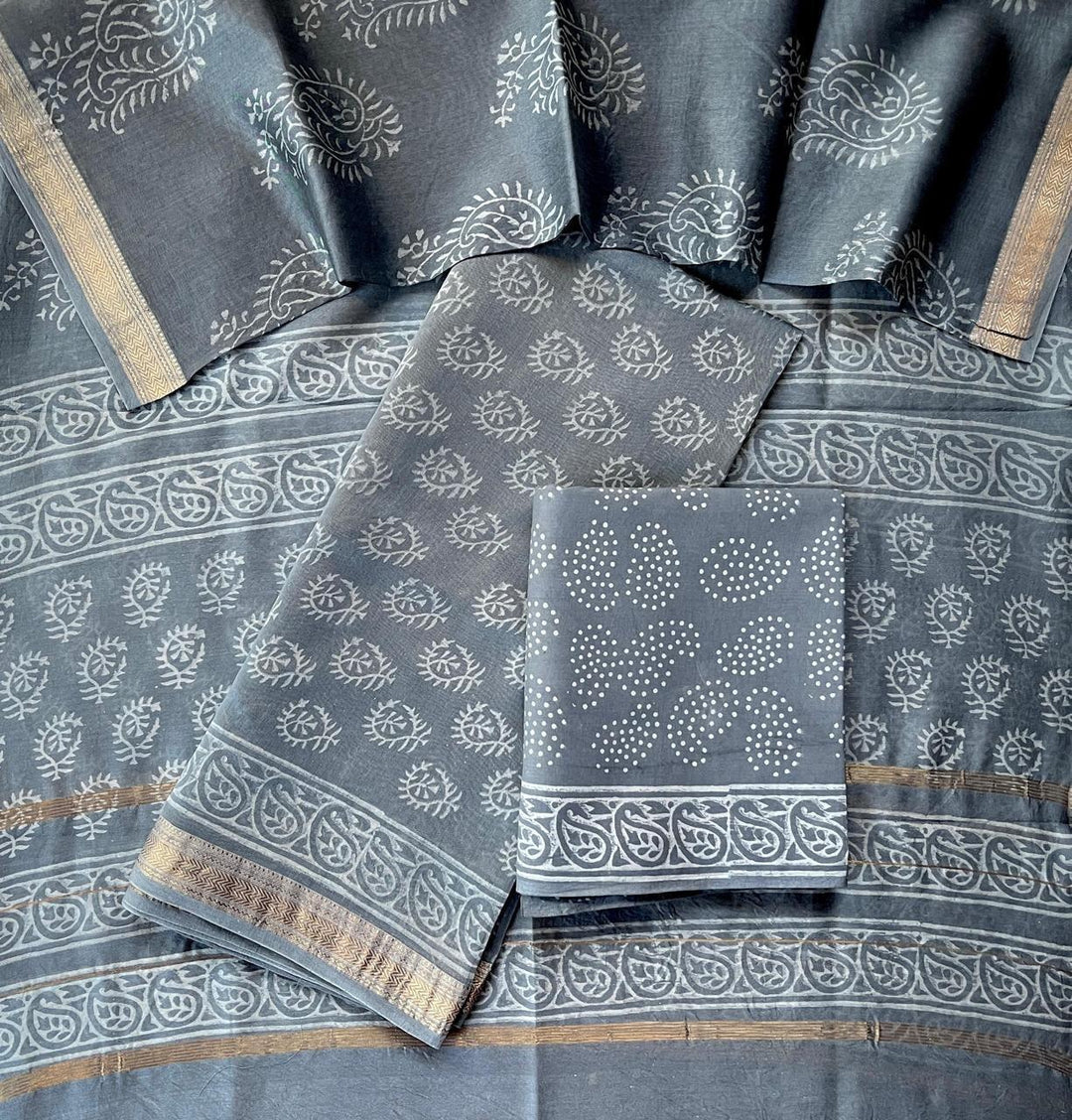 Pure Maheshwari Silk Hand block print Unstitched Suit.