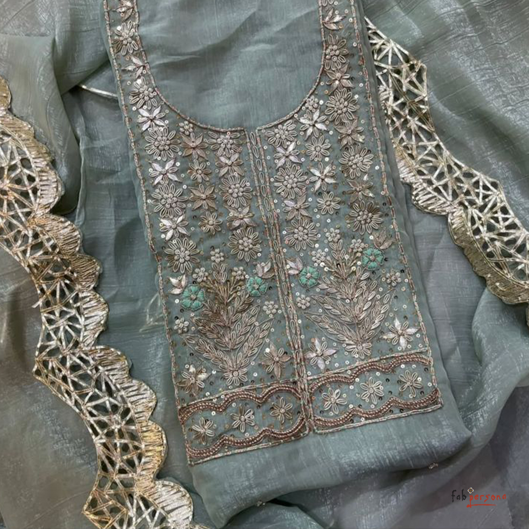 Organza Hand Work Unstitched Suit with Shantoon Bottom