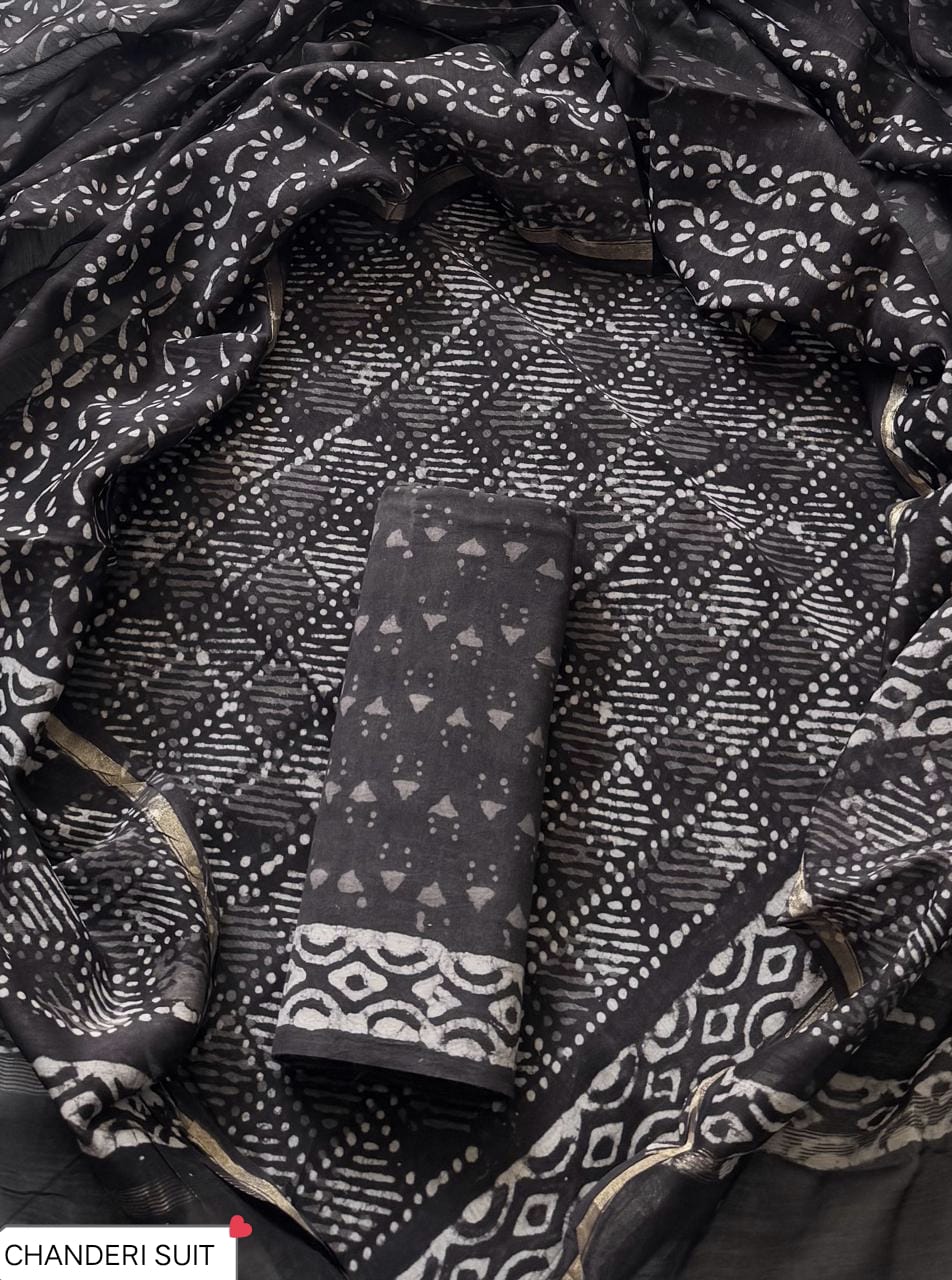 Pure Hand Block Chanderi Silk Unstitched Suit.