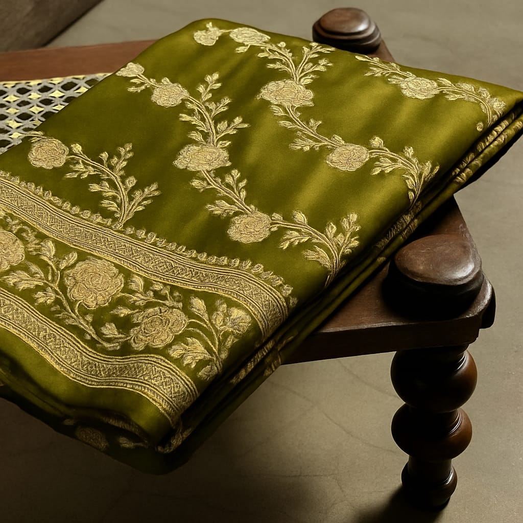 Pure Banarasi Mashru Silk Saree With Zari Work.