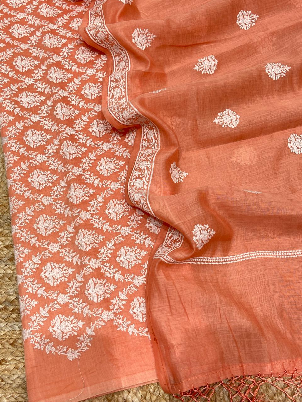 Pure Banarasi Resham Mul-mul Chanderi Embroidery Unstitched Suit .