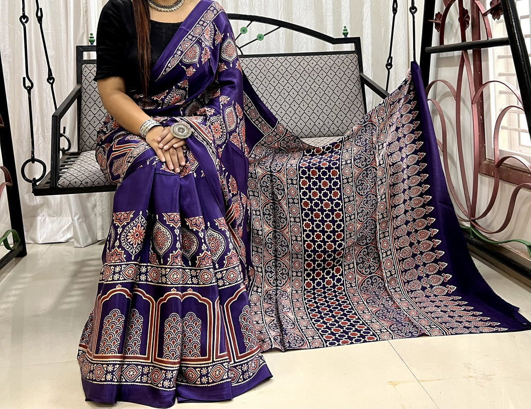 Pure Natural Dyeing Hand Block Print Modal silk saree.