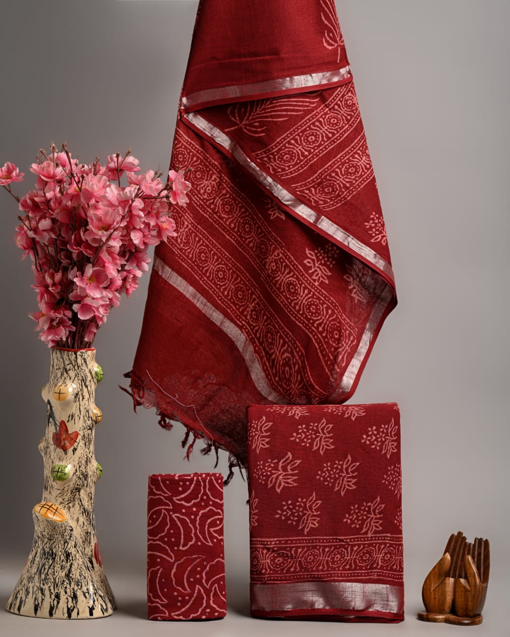 Hand Block Printed Linen Unstitched Suit .