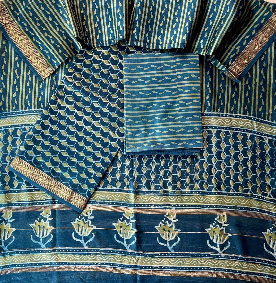 Pure Maheshwari Silk Hand block print Unstitched Suit