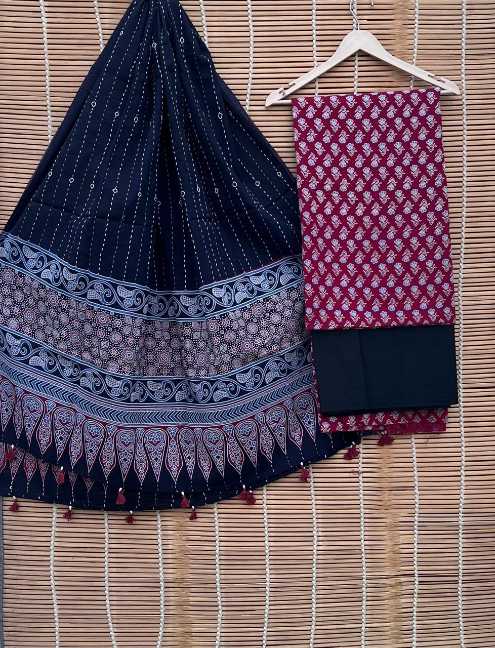Pure Cotton Azrakh Print Unstitched suit Whit Kantha Work Dupatta.