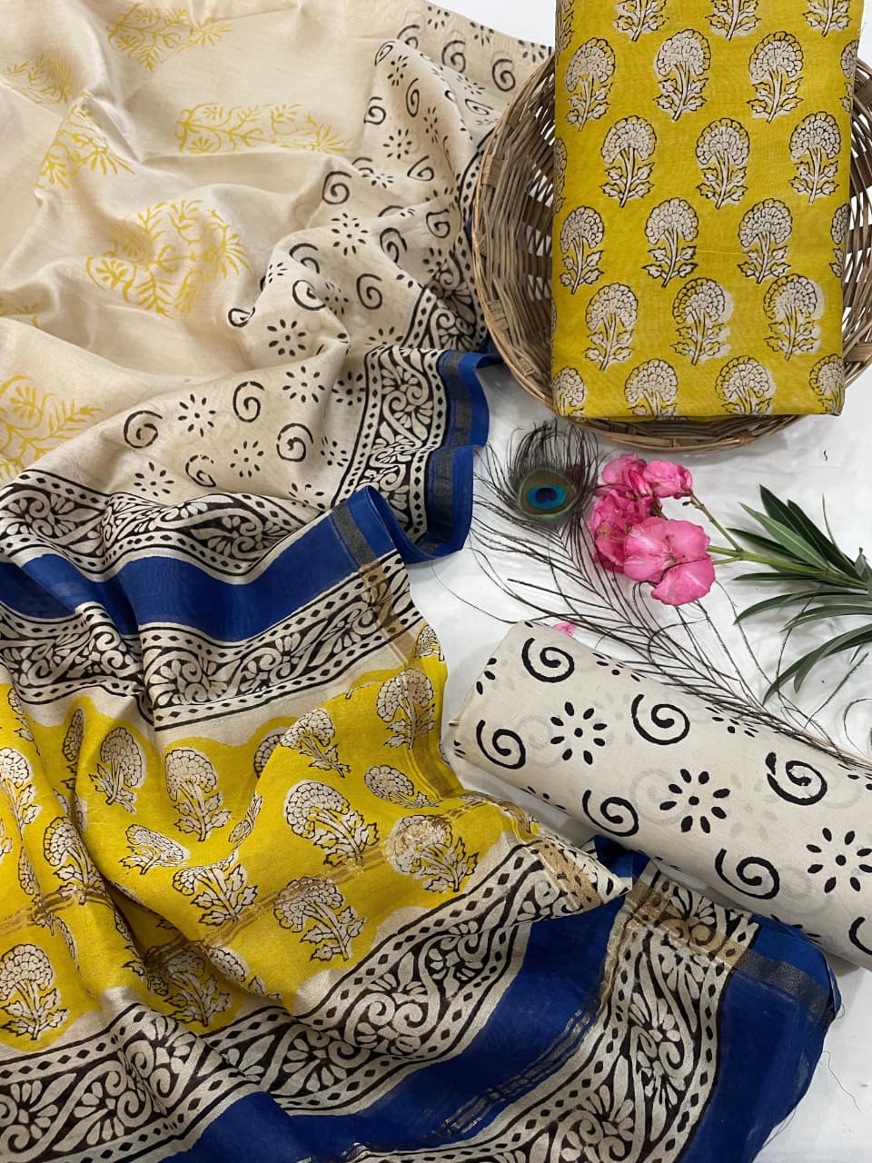 Pure Hand Block Chanderi Silk Unstitched Suit.