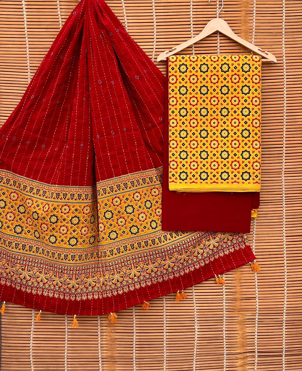 Pure Cotton Azrakh Print Unstitched suit Whit Kantha Work Dupatta.