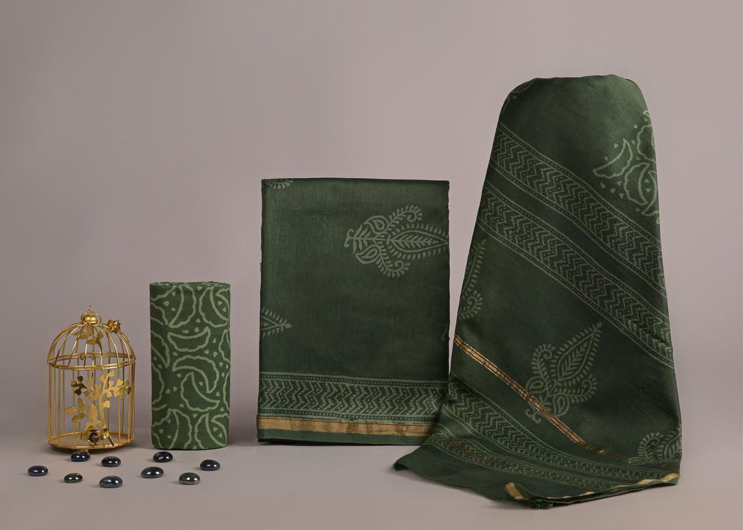 Pure Hand Block Chanderi Silk Unstitched Suit.