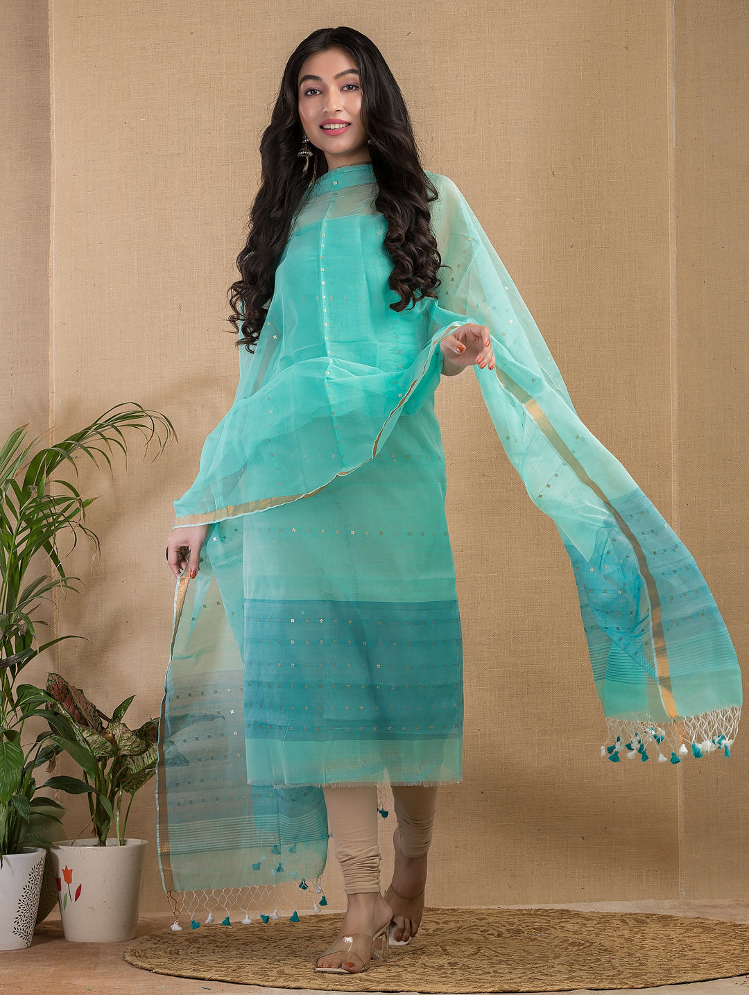 Pure Maslin silk 2PC Jamdani Sequence Handwork Unstitched Suit With Jaal net dupatta.