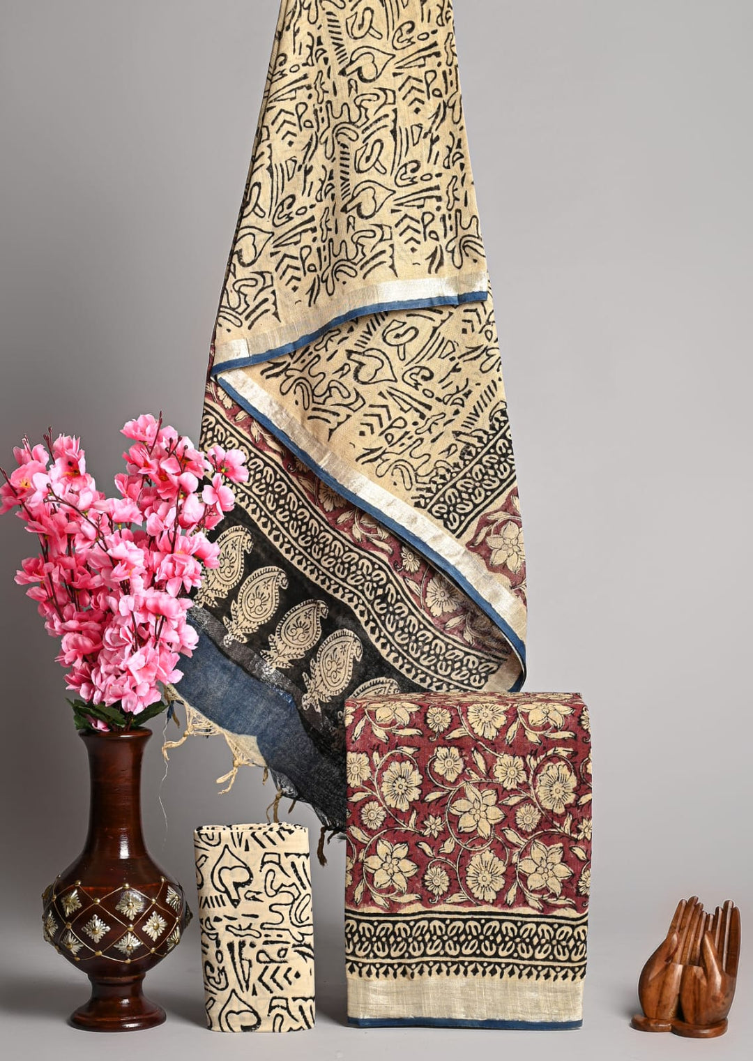Hand Block Printed Linen Unstitched Suit .