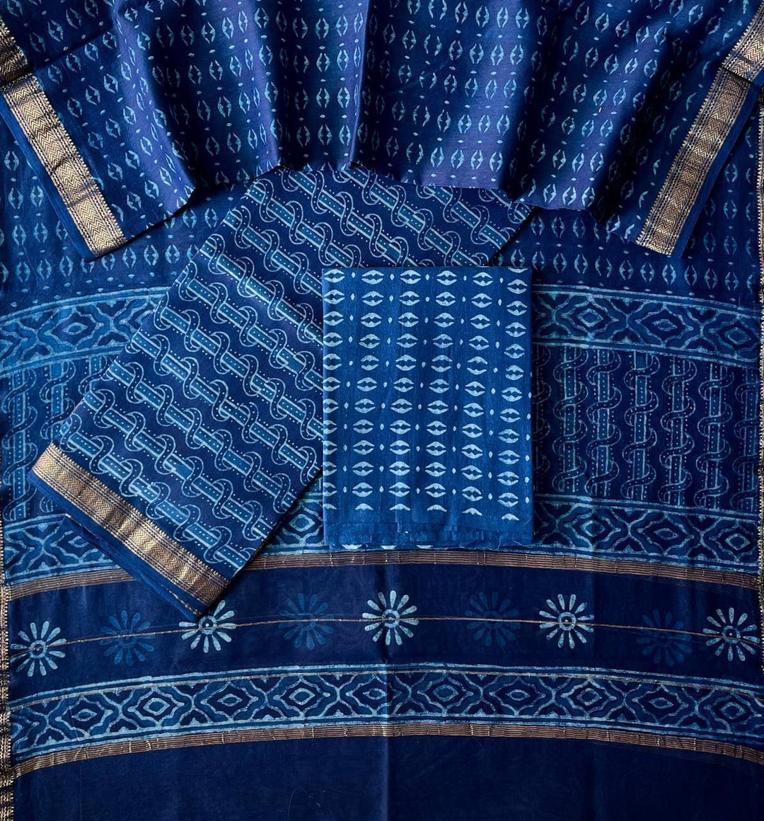 Pure Maheshwari Silk Hand block print Unstitched Suit.