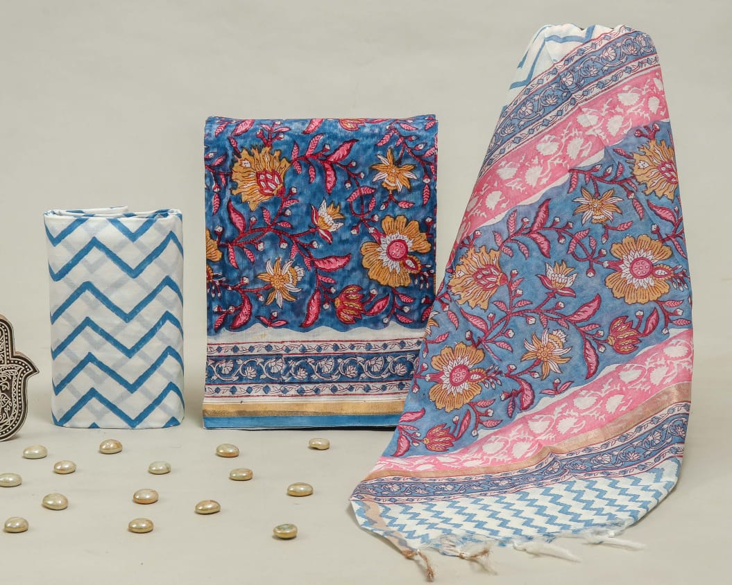 Pure Hand Block Chanderi Silk Unstitched Suit.