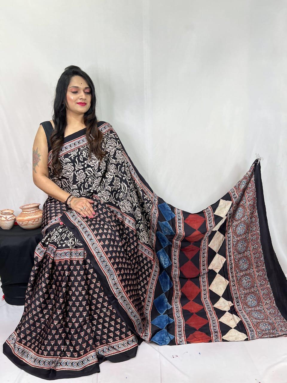Pure Natural Dyeing Hand Block Ajrakh Print Modal silk saree.