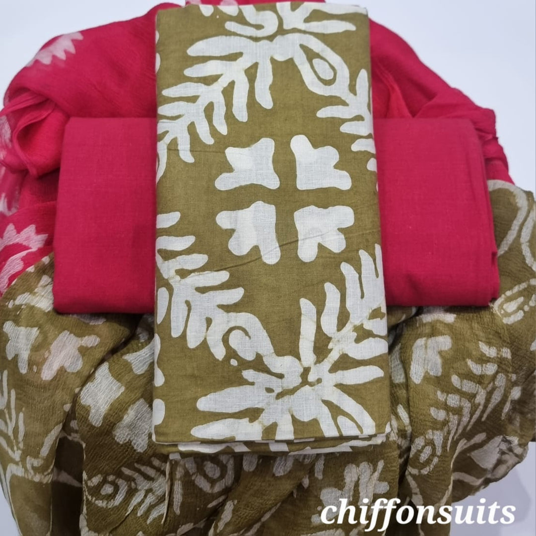 Pure Cotton Hand Block Print Unstitched Suit with chiffon dupatta .
