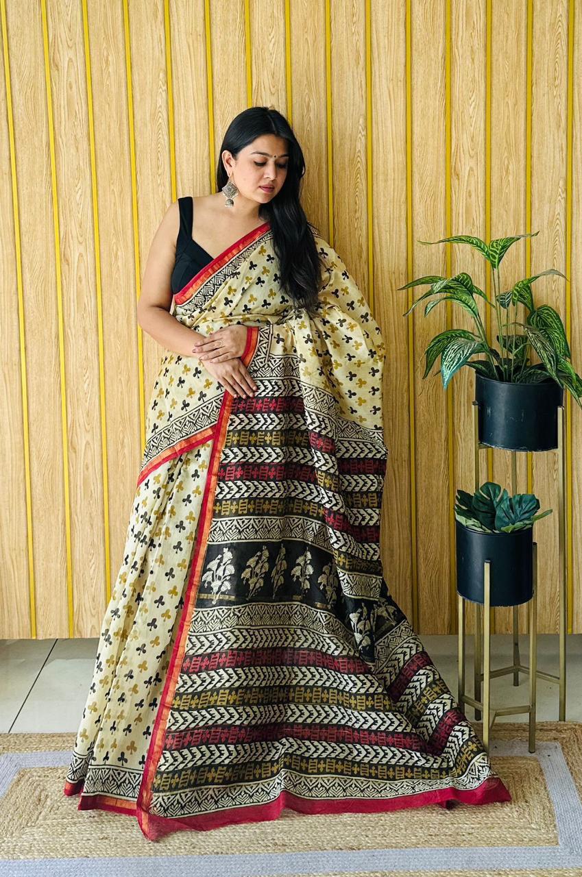 Hand Block Prninted Chanderi Saree .