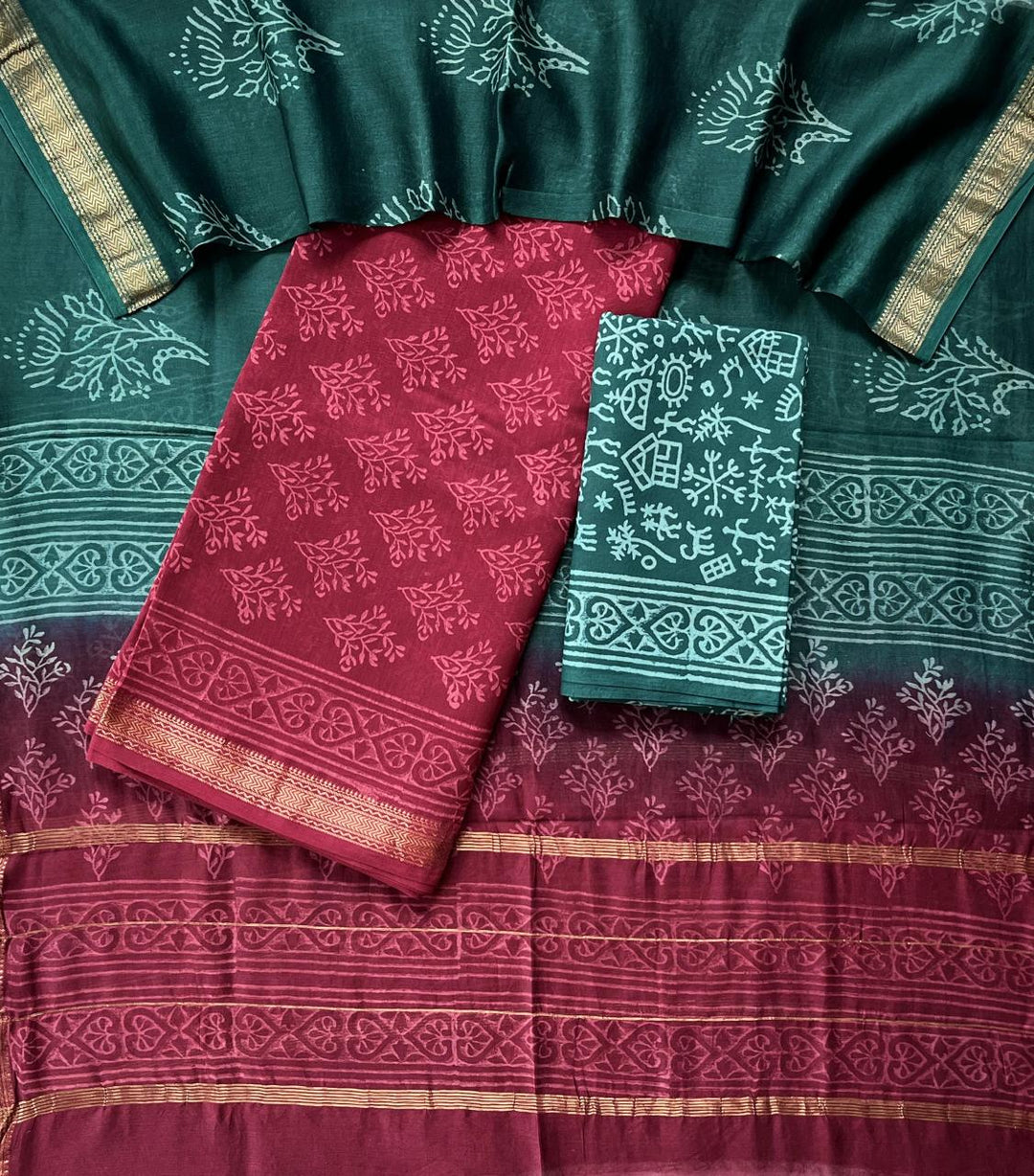 Pure Maheshwari Silk Hand block print Unstitched Suit.