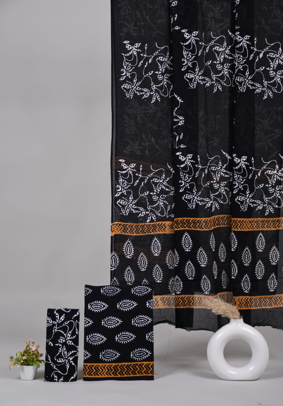 Pure Cotton Hand Block Printed Unstitched Suit Set With Cotton dupatta.