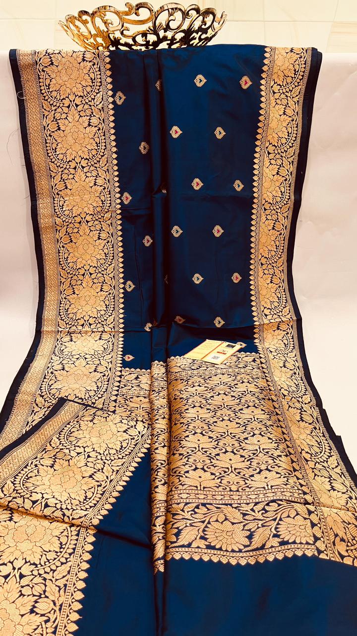 Pure Banarasi Handloom Katan Silk Saree With Antique Zari Work And Resham Meenakari Boti .