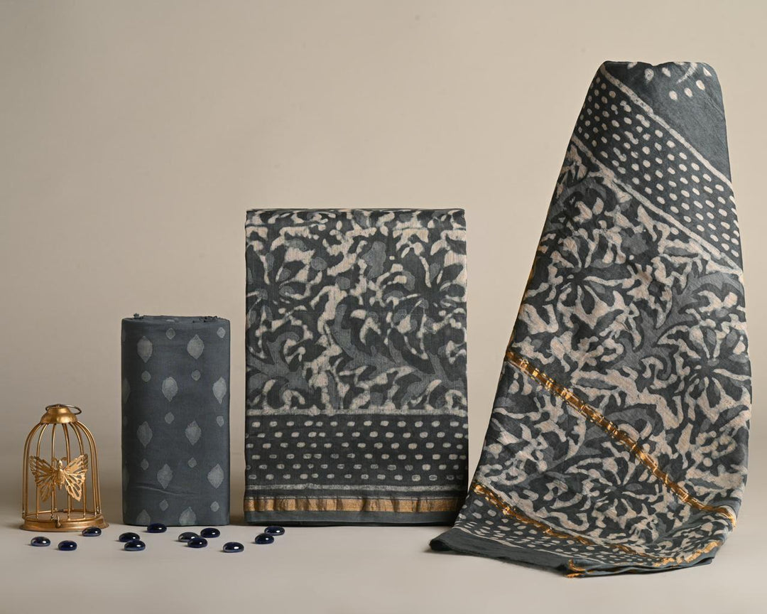 Pure Hand Block Chanderi Silk Unstitched Suit.
