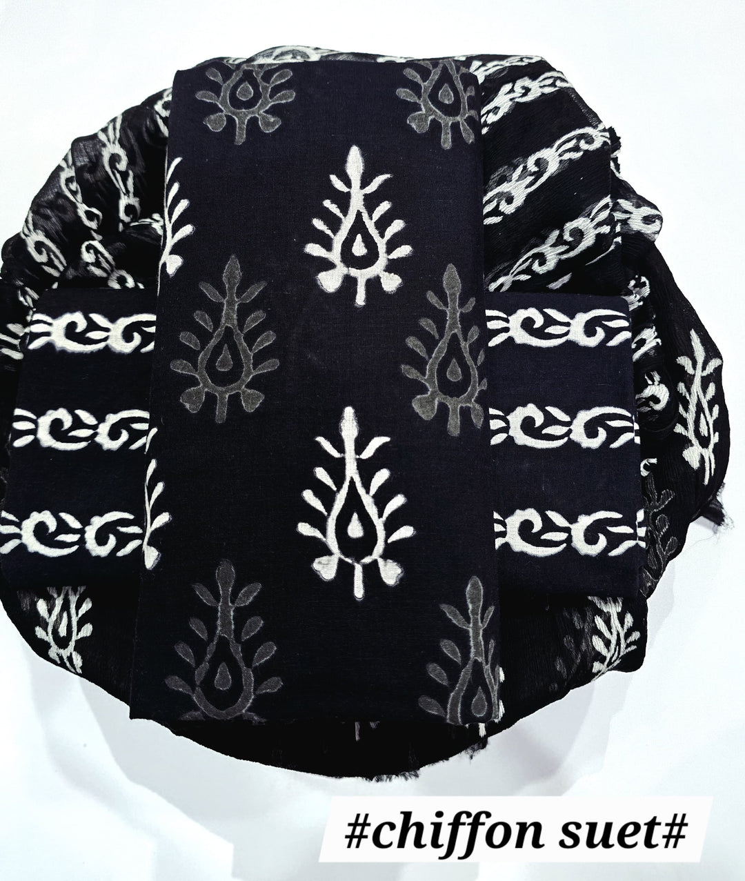 Pure Cotton Hand Block Print Unstitched Suit with chiffon dupatta