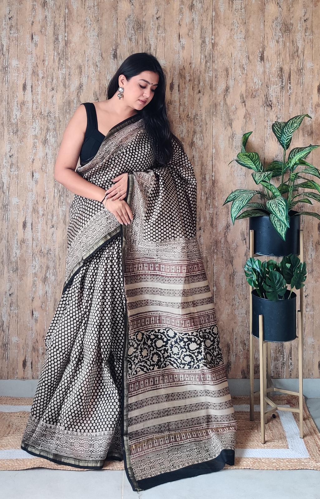 Hand Block Prninted Chanderi Saree .
