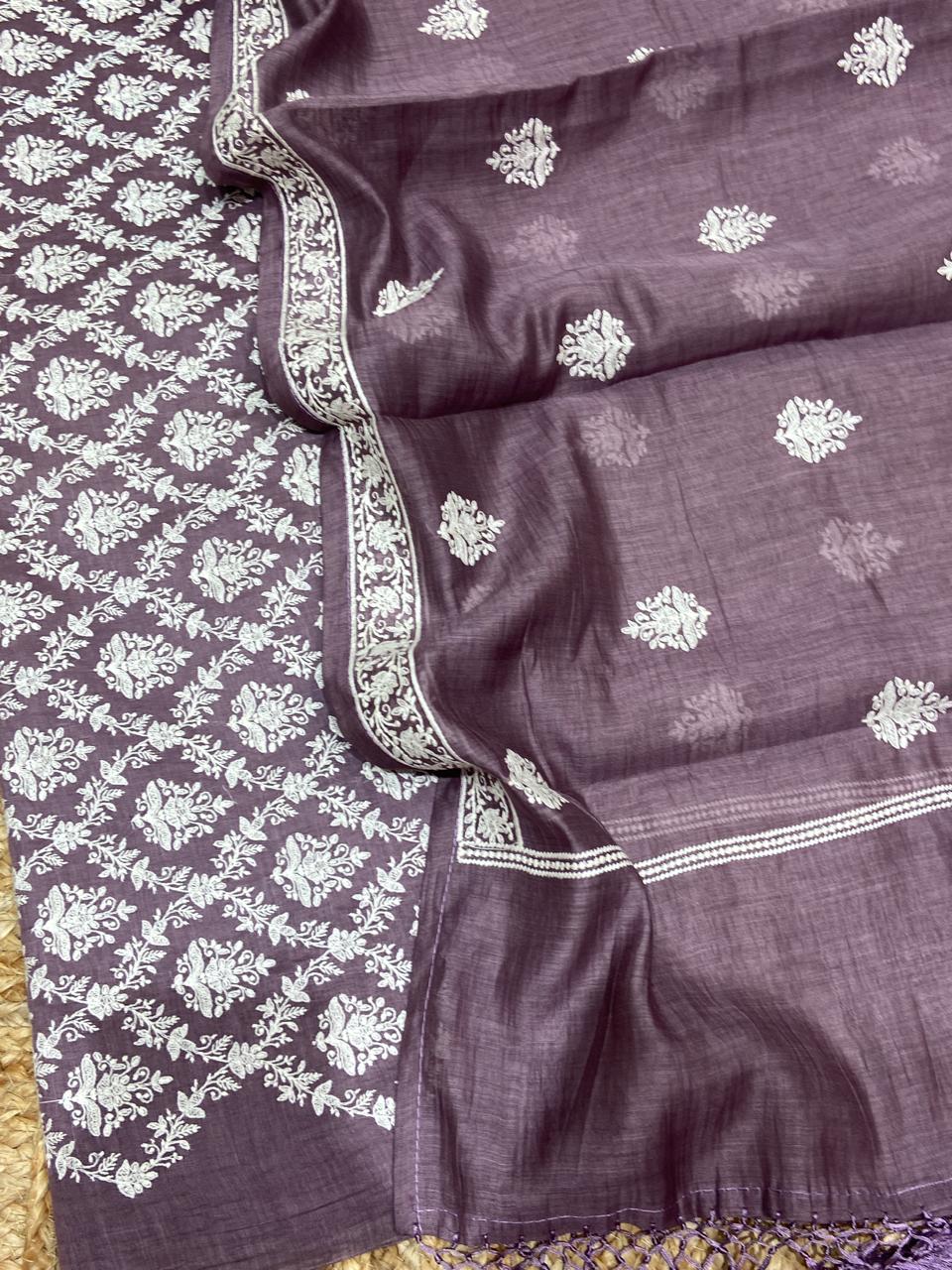 Pure Banarasi Resham Mul-mul Chanderi Embroidery Unstitched Suit .