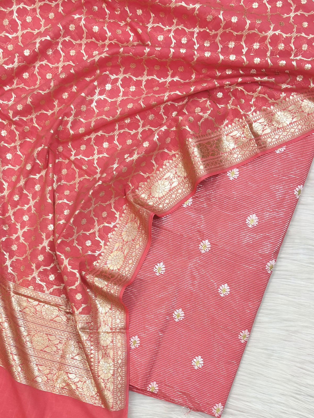Banarasi Chanderi Lorex Mini Stripes and Zari work Unstitched Suit.