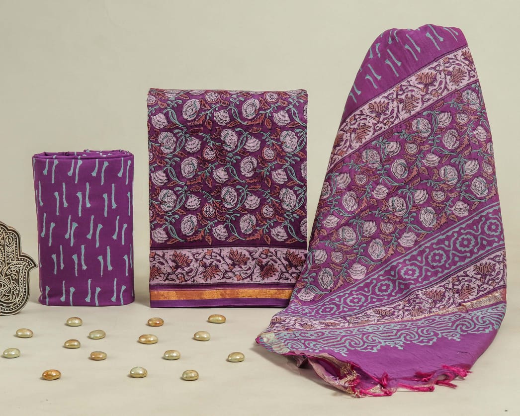 Pure Hand Block Chanderi Silk Unstitched Suit.