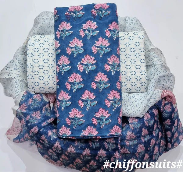 Pure Cotton Hand Block Print Unstitched Suit with chiffon dupatta .