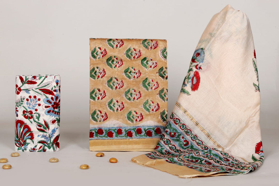 Pure Hand Block Chanderi Silk Unstitched Suit
