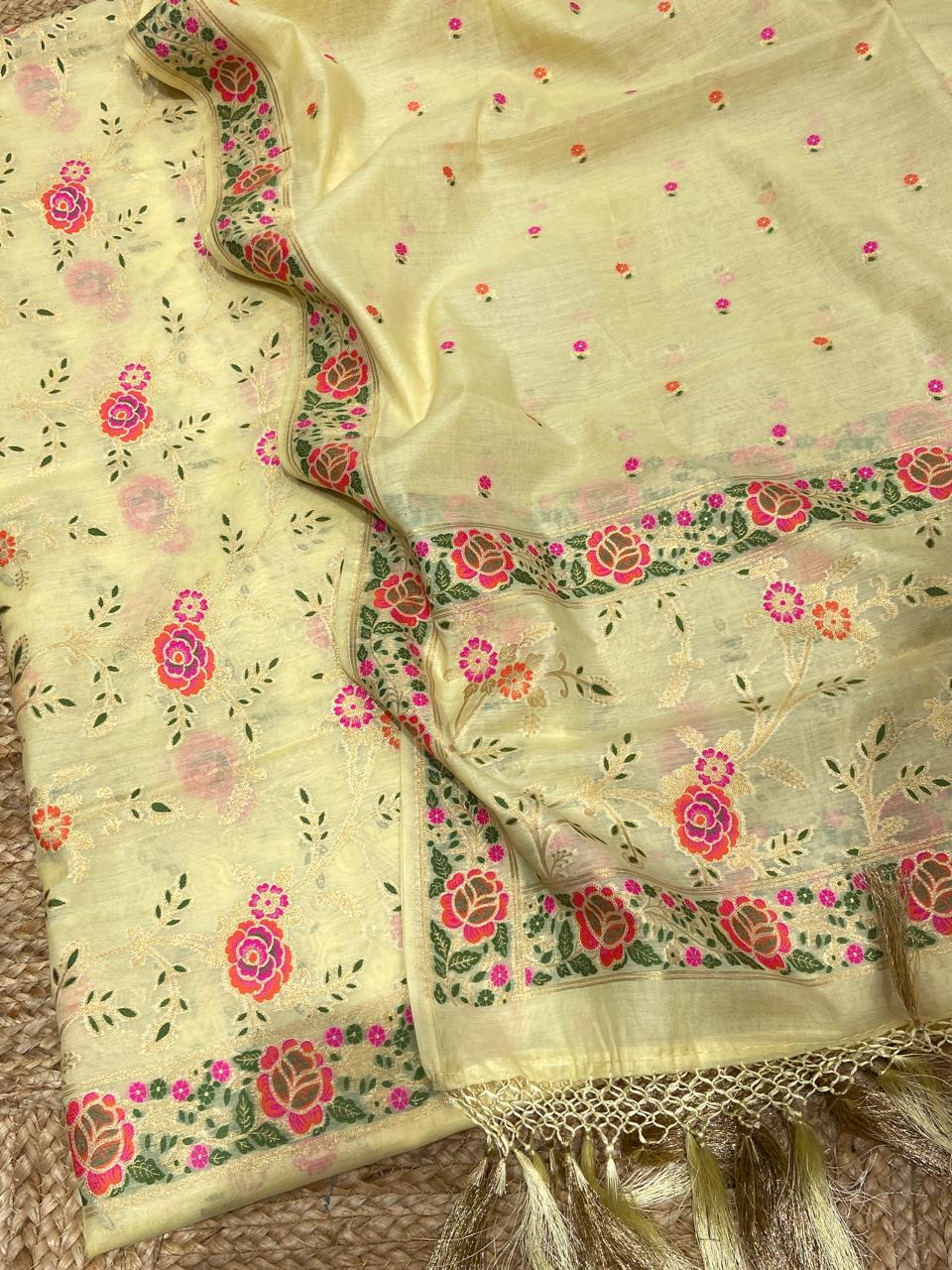 Pure Banarasi Cotton Tilfi Patola Weaved Unstitched Suit With Banarasi Cotton tilfi Dupatta.