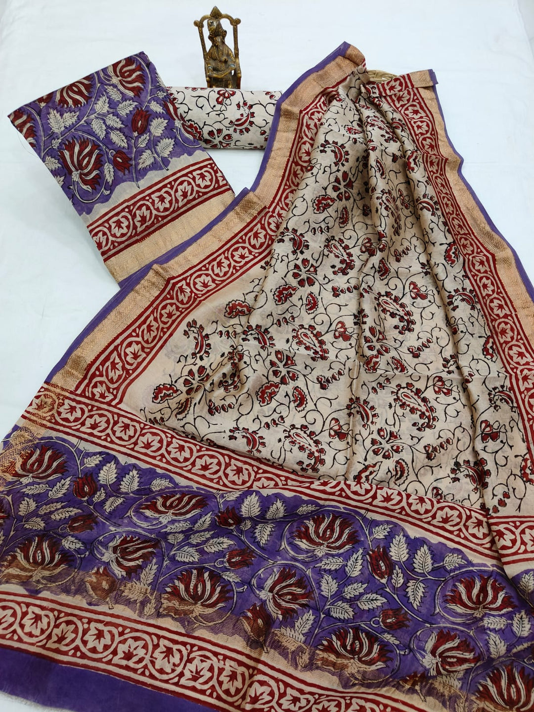 Pure Maheshwari Silk Hand block print Unstitched Suit.