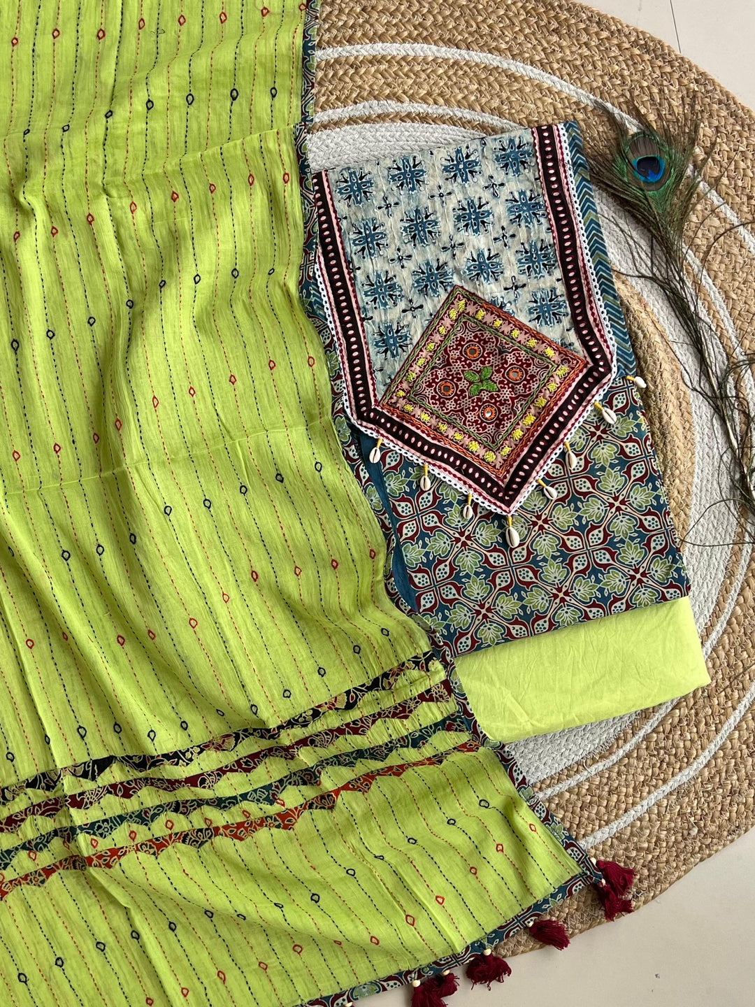 Pure Cotton Azrakh Print Unstitched suit With Patch Work Dupatta