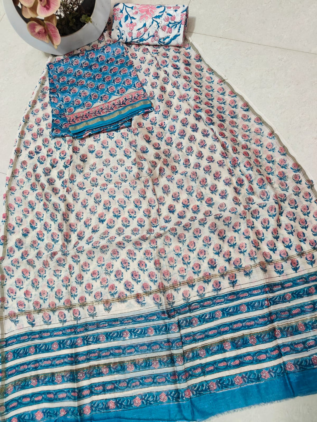 Pure Hand Block Chanderi Silk Unstitched Suit .