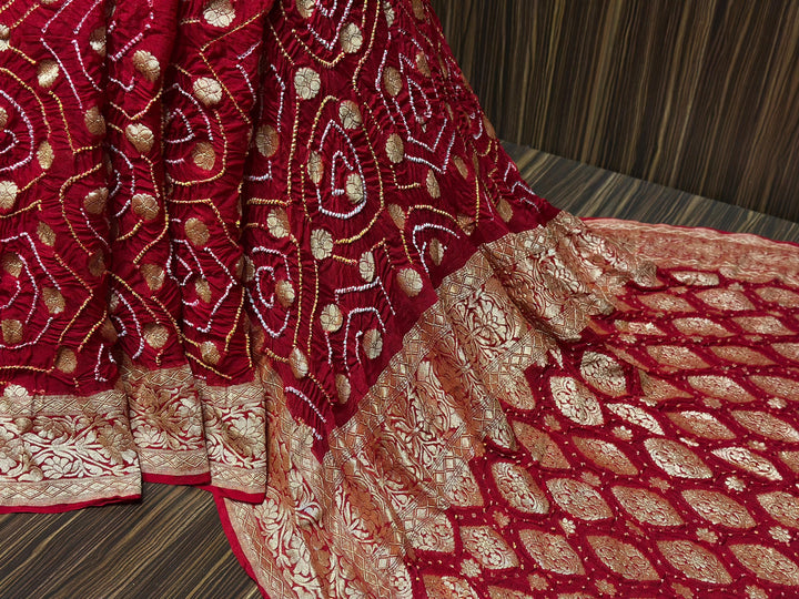 Pure Khaddi Georgette Handloom Neem Zari Work saree With Raiy Bandhej .